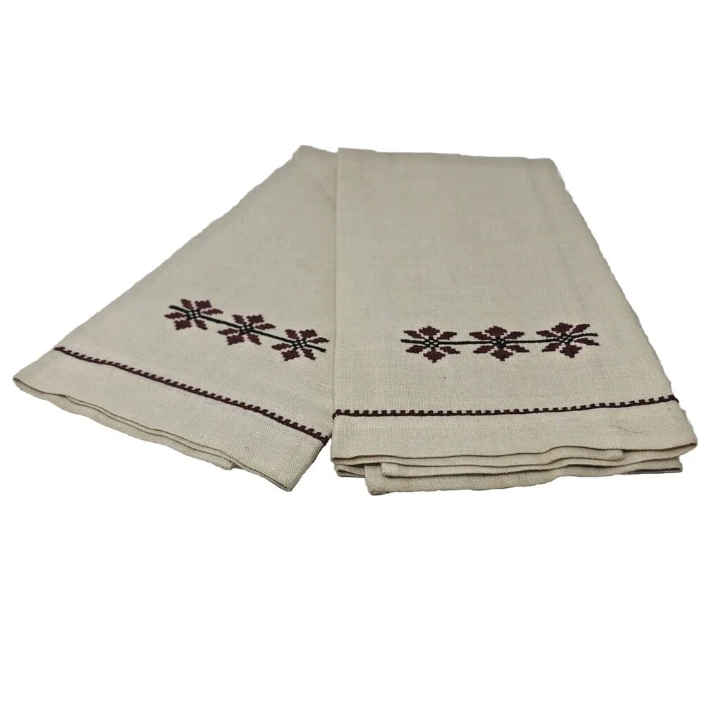 Cross Stitch Linen Fingertip Towels / Napkins Handmade Vintage NOS Set of 2